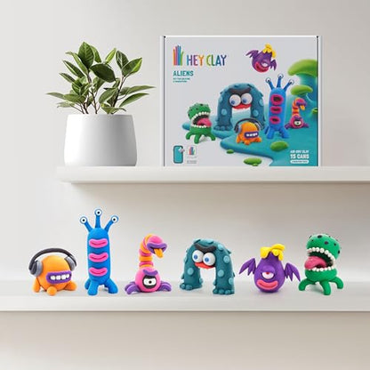 HEY CLAY Set - Colourful Modeling Air Dry Clay Kit for Kids 15 cans and Sculpting Tools with Fun Interactive Instructions App - Children 3+ (Aliens) - style: Aliens