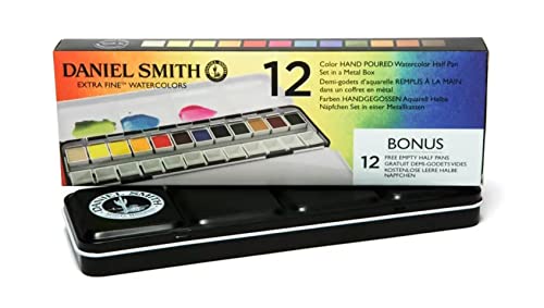 Daniel Smith Color Hand Poured Pan Set in a Metal Box with Bonus 12 Empty Half Pans, 1 Unit (Pack of 1) - style: Set of 12 colors with metal case and 12 empty containers