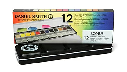 Daniel Smith Color Hand Poured Pan Set in a Metal Box with Bonus 12 Empty Half Pans, 1 Unit (Pack of 1) - style: Set of 12 colors with metal case and 12 empty containers