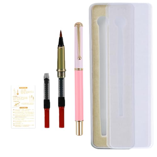 Huakaile Portable Pocket Metal Fountain Brush Pen With Case, Refillable Flexible Tip for Calligraphy, Writing, Lettering, Illustration Art (Pink, 1 Tip, 3 Ink Converters) - color: 1 Pink Pen, 1 Pen Tip, 3 Ink Converters