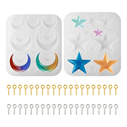 Craftdady 2Pcs Moon Star Pendant Silicone Mold Crescent Moon Resin Jewelry Casting Mold with Screw Eye Pin Peg Bails for DIY Resin Crafts Jewelry Making - color: Whtie, Star & Moon