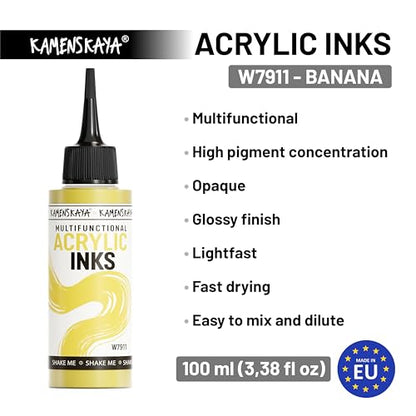Kamenskaya Acrylic Inks for Artists - 'Banana' Acrylic Ink, 3.38 Fl Oz (100 ml) - color: Banana