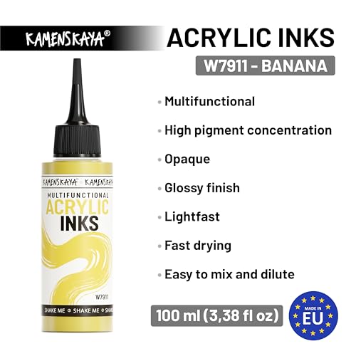 Kamenskaya Acrylic Inks for Artists - 'Banana' Acrylic Ink, 3.38 Fl Oz (100 ml) - color: Banana