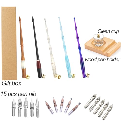 Calligraphy Dip Pen Set English Calligraphy Oblique Nib Holder With Desktop Pen Holder,Ink Bottle Container and 15 Nibs Kit - Gold Powder - color: Gold Powder