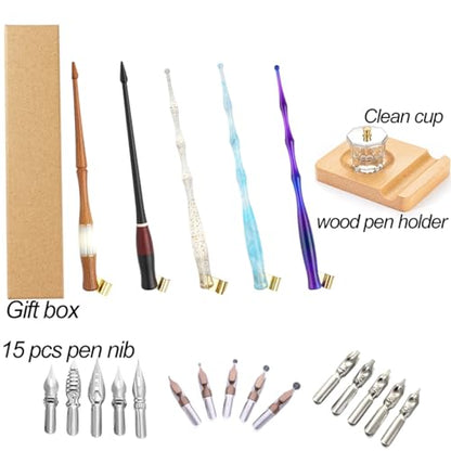 Calligraphy Dip Pen Set Wood English Calligraphy Oblique Nib Holder With Desktop Pen Holder,Ink Bottle Container and 15 Nibs Kit - Black - color: Black