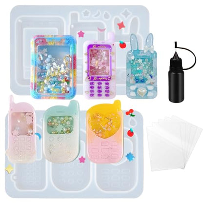 FUNSHOWCASE Resin Shaker Molds Set Mobile Phones Keychain Charm Pack of 8 Silicone Trays Seal Films Precision Tip Applicator Bottle Kit Bundle - color: Mobile Phones Craft Pack of 8