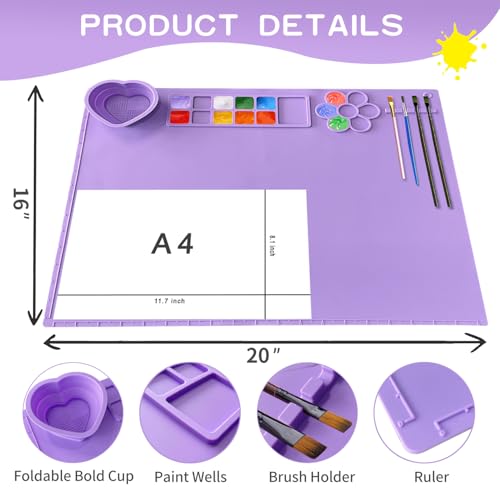 Silicone Painting Mat,20"X16"Large Silicone Art mat, Art Mat with Cup, Easy Clean up, Protects Surfaces Perfectly. for Paint, Color, Play with Clay/Play Dough.(Purple) - color: Purple
