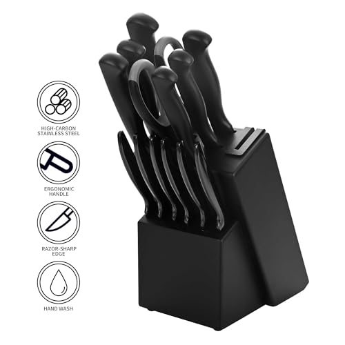 Black Knives Set, 15-Piece Stainless Steel Kitchen Knife Block Sets with Built-In Sharpener, Professional Knife Set with Scissors, Steak Knives - color: Black