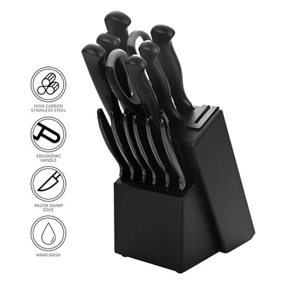 Black Knives Set, 15-Piece Stainless Steel Kitchen Knife Block Sets with Built-In Sharpener, Professional Knife Set with Scissors, Steak Knives - color: Black