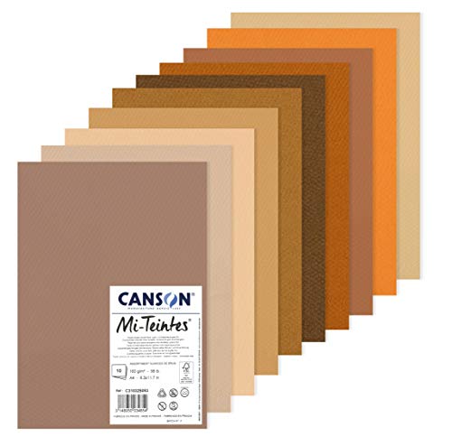 CANSON Mi-Teintes Coloured Drawing 160gsm A4 Paper Pack, Double Sided: Honeycomb & Fine Grain, 10 Brown Colour Sheets, for Professional Artists & Illustrators - color: BROWN TONES