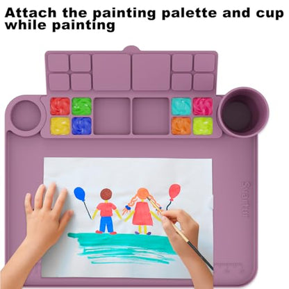Svartur Silicone Painting Mat with Cup and Palette Detachable, 17"X13" Thick Silicone Craft Mat with Raised Edge for Artist, Painting Station Creator Mat, Purple - color: Purple