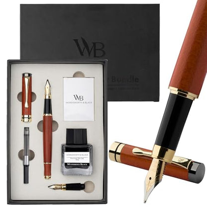 Wordsworth & Black Fountain Pen Set, Luxury Bamboo Wood - Medium Nib, Extra Fine Nib, Gift Case; 25ML Black Ink Bottle, 6 Ink Cartridges, Refill Converter - Calligraphy, Writing [Rosewood] - color: Rosewood