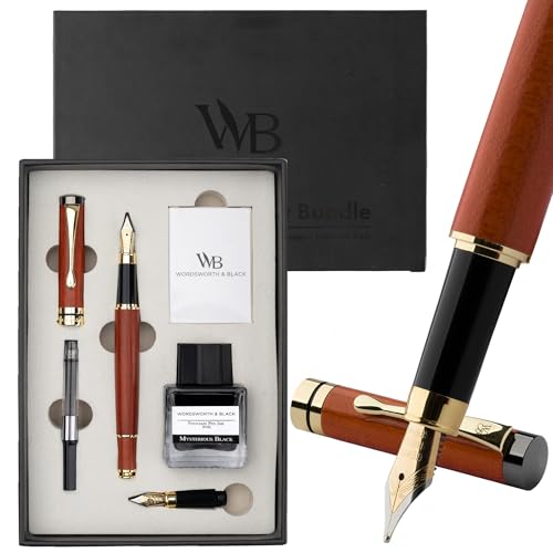 Wordsworth & Black Fountain Pen Set, Luxury Bamboo Wood - Medium Nib, Extra Fine Nib, Gift Case; 25ML Black Ink Bottle, 6 Ink Cartridges, Refill Converter - Calligraphy, Writing [Rosewood] - color: Rosewood