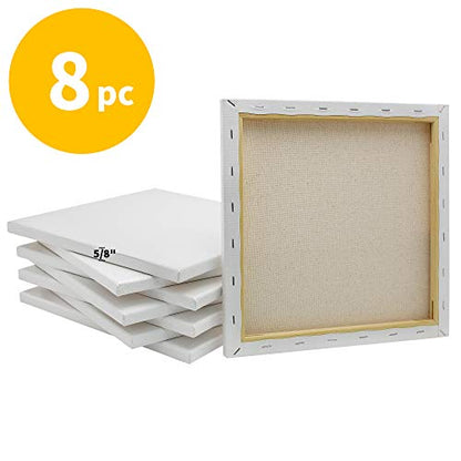 FIXSMITH Stretched White Blank Canvas- 12x12 Inch,Bulk Pack of 8,Primed,100% Cotton,5/8 Inch Profile of Super Value Pack for Acrylics,Oils & Other Painting Media - size: 12"x12"