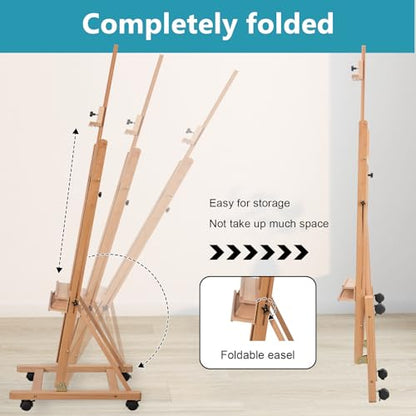 H-Frame Studio Easel, Beechwood Artist Easel with Wheels and Storage Tray, Adjustable Floor Easel Stand Holding Canvas up to 51Inches for Painting, Natural - style: Natural