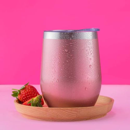 CHILLOUT LIFE 12 oz Stainless Steel Wine Tumbler with Lid - Double Wall Vacuum Insulated Wine Cup Glass Keeping Cold & Hot for Coffee, Champagne, Cocktails, Ice Cream - Rose Gold - color: Rose Gold, style: 1 Pack