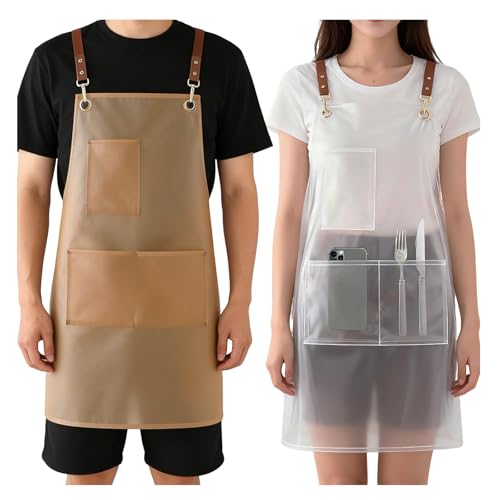 2 Pack Waterproof Translucent Apron with Large Pockets,Cross Back Apron Cooking Apron for Dishwashing,Cleaning Fish, - color: White&brown
