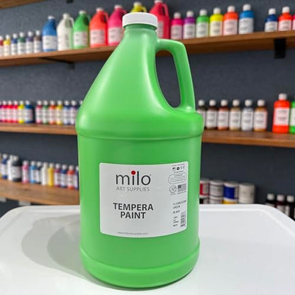 milo Fluorescent Green Neon Tempera Paint | 128 oz Bottle, 1 Gallon | Glows UV in Black Light | Non-Toxic Made in USA | Washable Bulk Art Paint for Party, Student, Classroom, Artist - color: Fluorescent Green