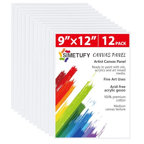 Simetufy 12 Pack 9 x 12 inch Canvas Boards for Painting Canvas Panels- Gesso Primed Acid-Free 100% Cotton for Acrylics Oil Watercolor Tempera Paints - size: 9"x12"