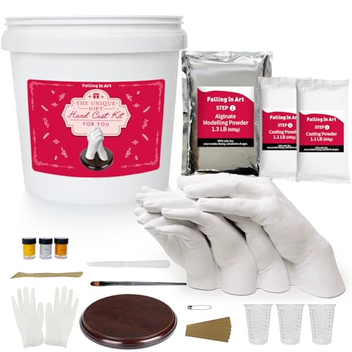 Falling in Art Hand Casting Kit Couples - Keepsake Plaster Hand Mold Kit for Family, Kids, Adults with Large Bucket, Gloves, Powder Materials, Color Paints, Wooden Base, Valentine's Day Gift - size: Hand Casting Kit