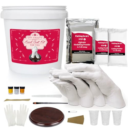 Falling in Art Hand Casting Kit Couples - Keepsake Plaster Hand Mold Kit for Family, Kids, Adults with Large Bucket, Gloves, Powder Materials, Color Paints, Wooden Base, Valentine's Day Gift - size: Hand Casting Kit