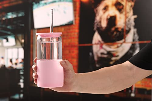 Sunseeke Glass Tumbler with Straw and Lid, 16oz Ice Coffee Cup, Silicone Sleeve Cleaning Brushes, Drinking Glasses for Water, Iced Coffee, Smoothie - BPA Free -3Pack - color: Butteruum, Black, A true pink