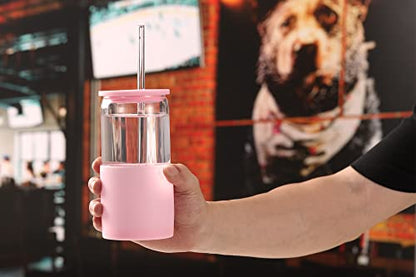 Sunseeke Glass Tumbler with Straw and Lid, 16oz Ice Coffee Cup, Silicone Sleeve Cleaning Brushes, Drinking Glasses for Water, Iced Coffee, Smoothie - BPA Free -3Pack - color: Butteruum, Black, A true pink