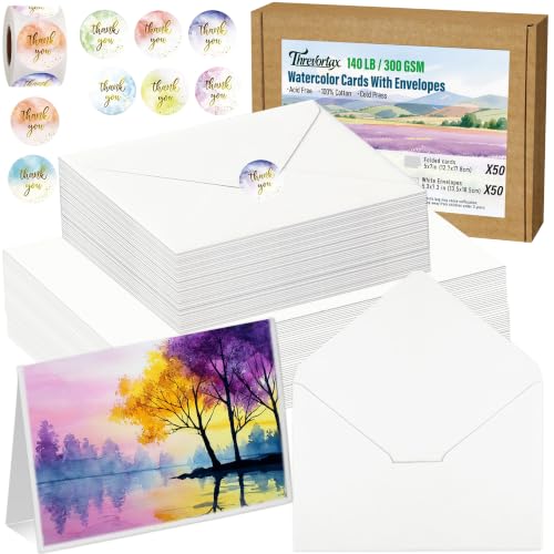 50 Pack Blank Watercolor Cards with Envelopes 5 x 7 Inch 140lb/300GSM 100% Cotton Heavyweight Foldable Water Color Cardstock, Acid-Free Watercolor Cards to Paint for Christmas Birthday - size: 5“x7"