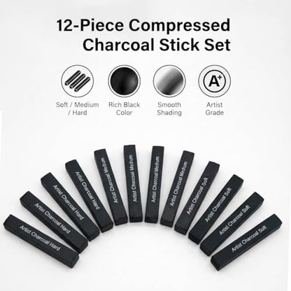 Compressed Charcoal Sticks Set, 12 Pack Soft Medium Hard Charcoal for Drawing, Sketching and Shading, Drawing Sticks Set for Artists, Sketching Supplies and Art Supplies