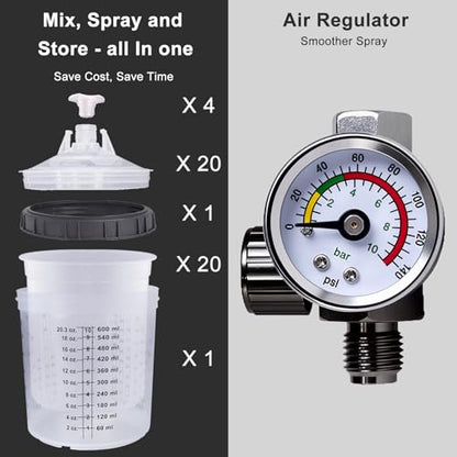 HVLP Spray Gun Kit with 4 Nozzles, 20 Disposable Cups & Regulator - color: Red