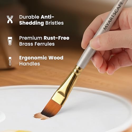 MyArtscape Paint Brush Set - 15 Short Handle Art Brushes for Gouache, Watercolor, Acrylic and Oil Painting - Premium Taklon Brushes - Fan, Filbert, Flat, Round, Shader, Angle and Bright