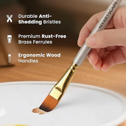 MyArtscape Paint Brush Set - 15 Short Handle Art Brushes for Gouache, Watercolor, Acrylic and Oil Painting - Premium Taklon Brushes - Fan, Filbert, Flat, Round, Shader, Angle and Bright