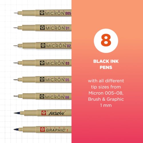 Sakura Pigma Micron, Graphic & Brush Fineline Pens, Archival Black Ink, 8 PK 30067 - size: 8 Count (Pack of 1)
