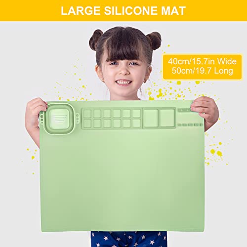 Silicone Painting Mat, Silicone Art Mat with Cup, Silicone Craft Mat with Paint Brush Cleaner Tool, Silicone Artist Mat for Kids Gift Painting Clay DIY Creations, Christmas Gift (Green) - color: Green