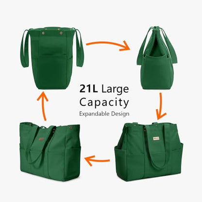 TOPDesign Large Canvas Tote Bag for Women, Shoulder Bag with Laptop Sleeve & Pockets, Everything Tote for Travel, Work (Dark Green) - color: Dark Green