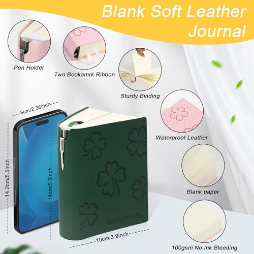 Thick Blank Journal Notebook 400 page With Pen Holder 100gsm Thick Blank Paper，A6 Unlined Plain Sketchbook ， Small Soft Leather Unlined Pocket Blank Notebook For Women Drawing Book Memo Writing Sketch Travel Diary 3.9 × 5.5 (Wish Good Luck) - color: Green