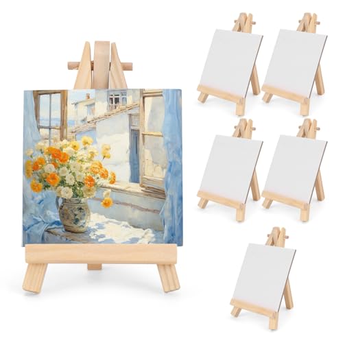 3 Inch Mini Canvas 5 Inch Mini Easel, 6 Pcs Small Painting Canvas with 6 Pcs Mini Easel, for Painting, Crafts, Photos etc - style: 5 Inch (Pack of 12)