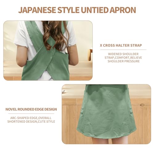 Shortened Design Apron, Japanese Style Soft Cotton Linen Apron with Two Side Pockets, X Cross Halter Aprons, Kitchen Cooking Clothes Gift for Women DIY Project, Crafting, Cooking, Baking(Mint Green) - color: Mint Green, style: 1# Style-rounded Edge