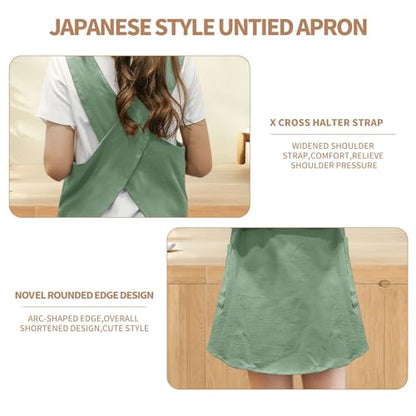 Shortened Design Apron, Japanese Style Soft Cotton Linen Apron with Two Side Pockets, X Cross Halter Aprons, Kitchen Cooking Clothes Gift for Women DIY Project, Crafting, Cooking, Baking(Mint Green) - color: Mint Green, style: 1# Style-rounded Edge