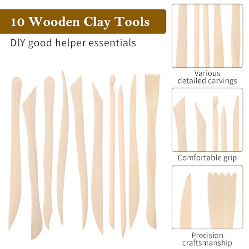 DIVINA VITAE 10Pcs Wooden Clay Sculpting Tools Double Ended Clay Modeling Tools 6.22 Inch Pottery Sculpting Tools for Cutting Soap Carving Smoothing Clay Supplies