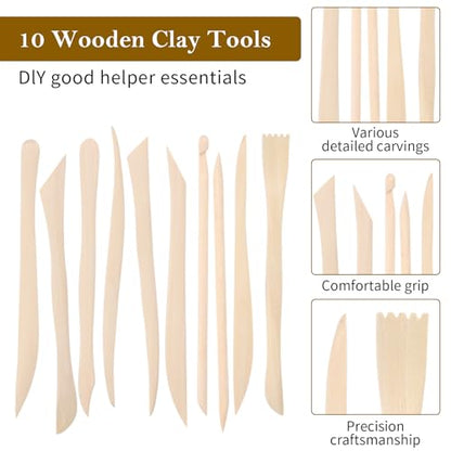DIVINA VITAE 10Pcs Wooden Clay Sculpting Tools Double Ended Clay Modeling Tools 6.22 Inch Pottery Sculpting Tools for Cutting Soap Carving Smoothing Clay Supplies