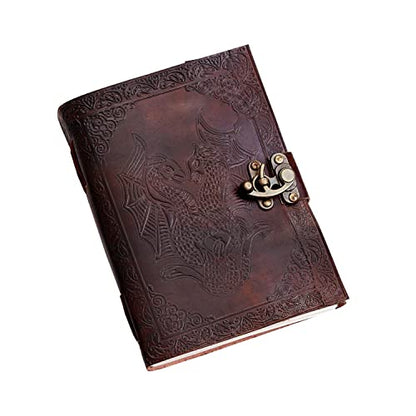 AzureGreen DOUBLE DRAGON Blank Page BOOK Handcrafted Leather Writing Unlined 5 x 7 JOURNAL (Brown With Claps) - color: Brown With Claps