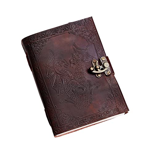 AzureGreen DOUBLE DRAGON Blank Page BOOK Handcrafted Leather Writing Unlined 5 x 7 JOURNAL (Brown With Claps) - color: Brown With Claps