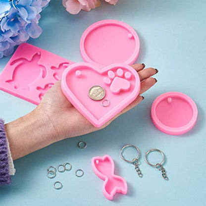Craftdady 5pcs Key Chain Pendant Silicone Molds Flat Round Turtle Heart Mermaid Fishtail Resin Casting Molds with Key Rings Jump Rings for Keychain Jewelry Craft Making - color: Pink,Keychain,5pcs