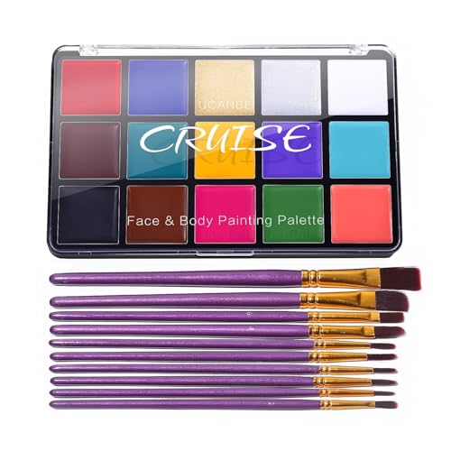 UCANBE Face Body Paint Oil Palette + 10 Pcs Brushes Set, Professional 15 Colors Face Painting Makeup Kit for Halloween Cosplay SFX Parties Theater Stage Artist Costume Festival - color: Classic