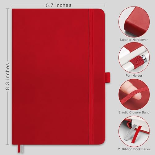 RETTACY Dotted Journal Notebook, 192 Pages, A5 Medium Size (5.7'' x 8.3''), Leather Hardcover, 100 GSM Thick Paper, for Journaling, Planning, Tracking (Red) - color: Red, style: Dotted