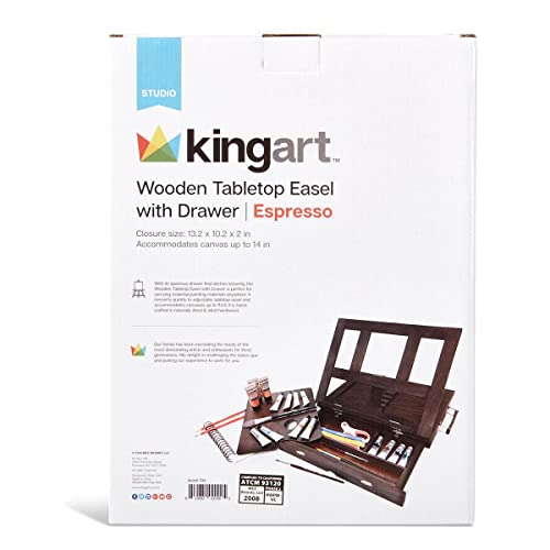 KINGART Adjustable Wood Espresso Stained Desk Table Easel with Storage Drawer, Paint Palette, Portable Wooden Artist Desktop, Painting, Drawing Sketching Book StandE
