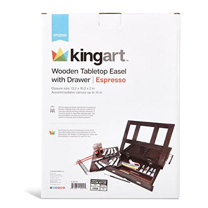 KINGART Adjustable Wood Espresso Stained Desk Table Easel with Storage Drawer, Paint Palette, Portable Wooden Artist Desktop, Painting, Drawing Sketching Book StandE