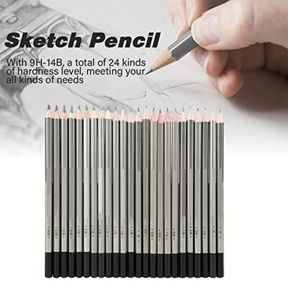 24Pcs Drawing Sketching Pencil Set 9H-14B Hardness, Wooden Art Graphite Pencil Set, Shading Painting Tool 6.9in x 0.3in, for Artist Beginners Sketching