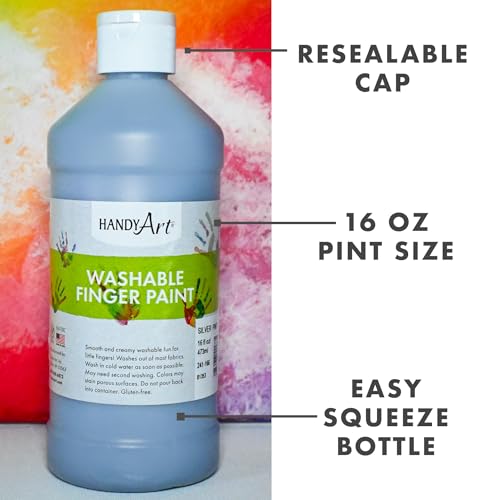Handy Art Washable Finger Paint, Silver, 16 oz Bottle, Easy Clean Up, Sensory Paints for Fingers & Hand Prints, Ages 3 & Up, Safe for Kids & Toddlers, AP Certified Non-Toxic, Made in USA - color: Silver